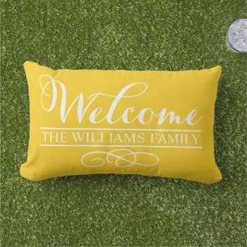 Welcome Bright Yellow Custom Last Name Lumbar Pillow by plushpillows at Zazzle