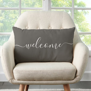 Welcome Bronze Brown Calligraphy  Lumbar Pillow
