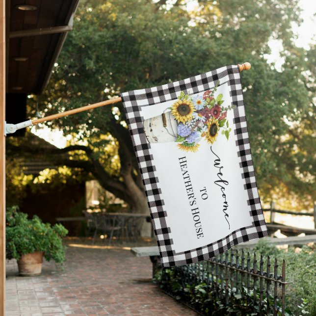 Welcome Buffalo Plaid Sunflower Home house Flag (In SItu)
