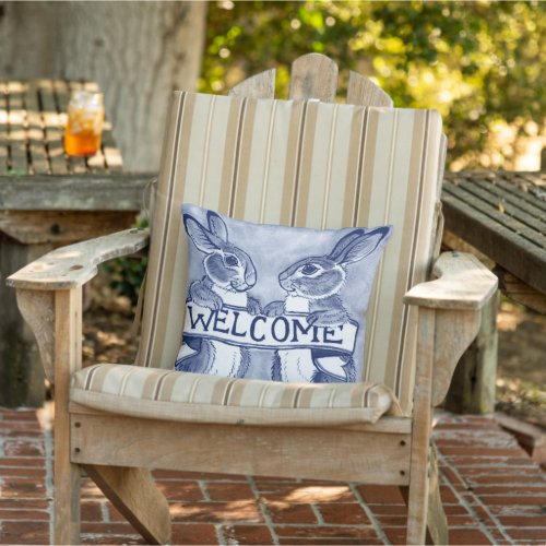 Welcome Bunny Rabbit Porch Decor Blue  White Outdoor Pillow