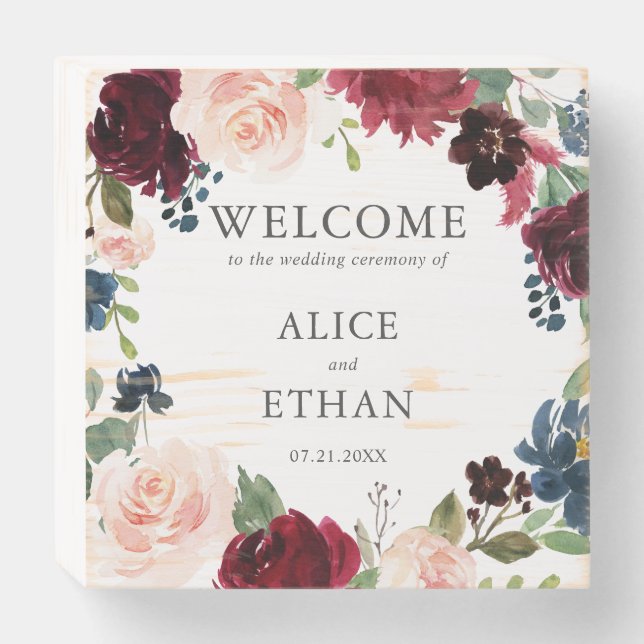 Welcome Burgundy And Navy Blue Floral Wedding Wooden Box Sign (Front Horizontal)