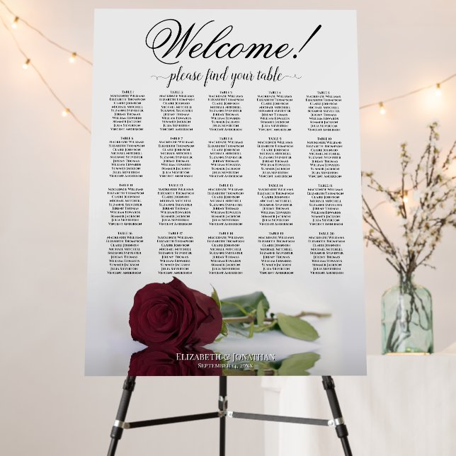 Welcome! Burgundy Rose 20 Table Seating Chart Foam Board (In Situ (Stand))