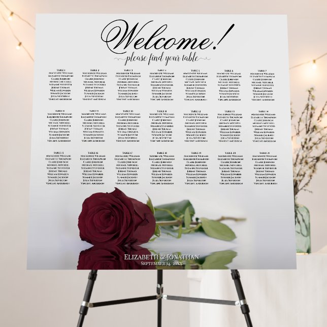Welcome! Burgundy Rose 21 Table Seating Chart Foam Board (In Situ (Stand))
