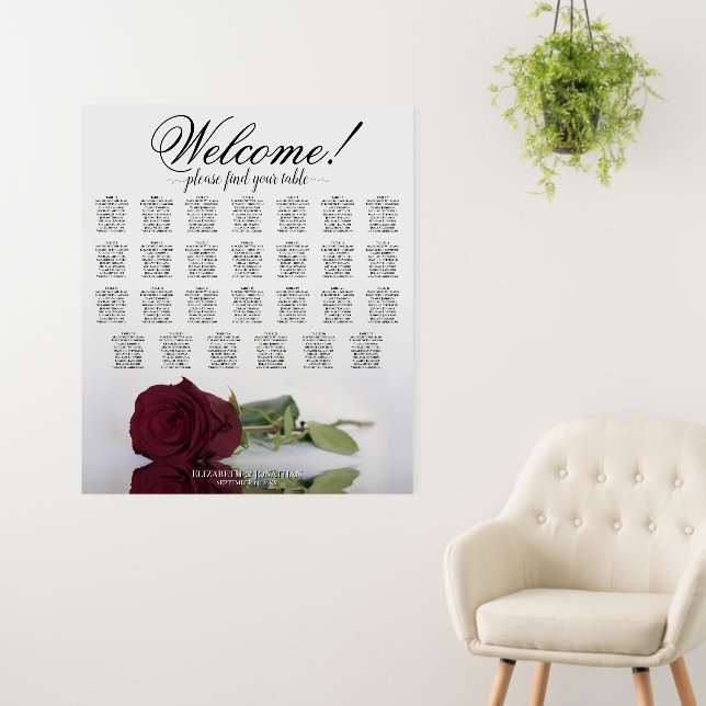 Welcome! Burgundy Rose 27 Table Seating Chart Foam Board (In Situ (Wall))