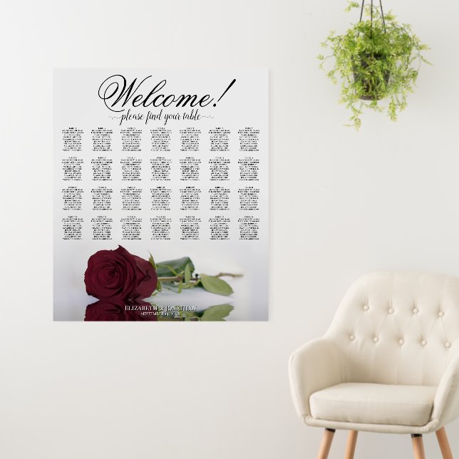 Welcome! Burgundy Rose 28 Table Seating Chart Foam Board (In Situ (Wall))