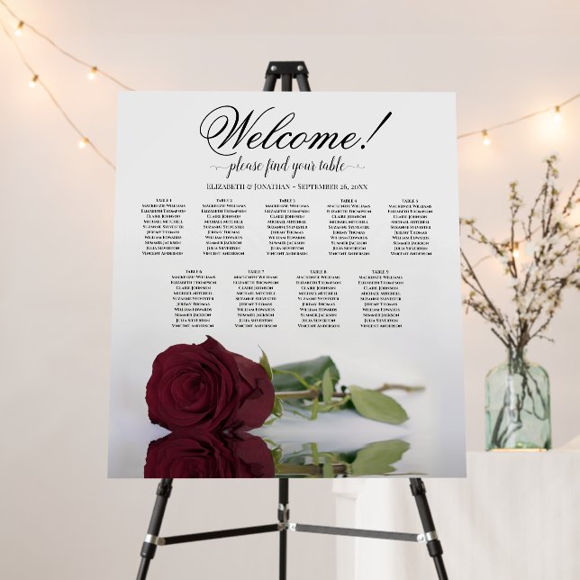 Welcome! Burgundy Rose 9 Table Seating Chart Foam Board (In Situ (Stand))