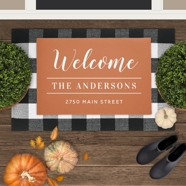 Welcome Burnt Orange Personalized Family Name Doormat