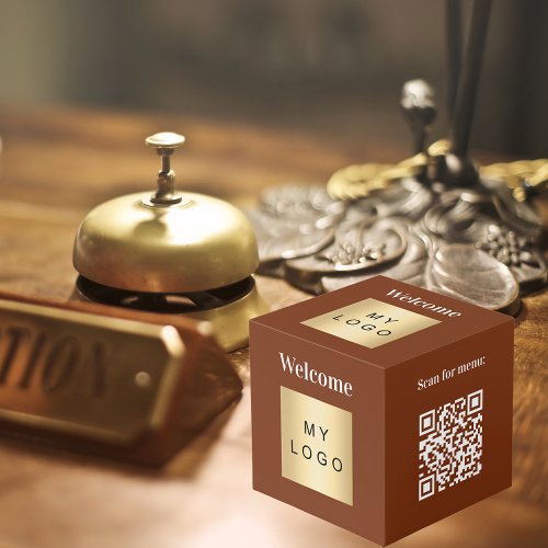 Welcome business logo QR code brown menu table Cube