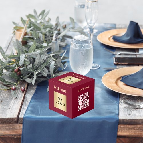 Welcome business logo QR code burgundy menu table Cube