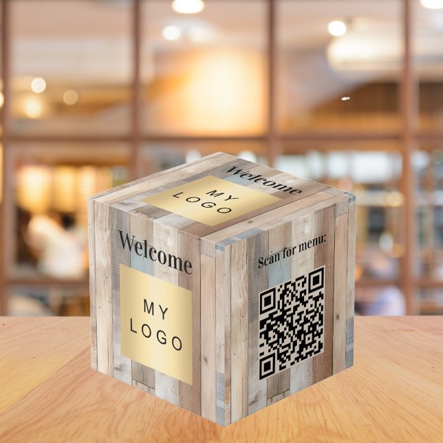 Welcome business logo QR code driftwood menu table Cube (Creator Uploaded)