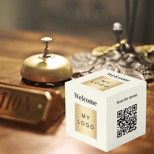 Welcome business logo QR code ivory menu table Cube