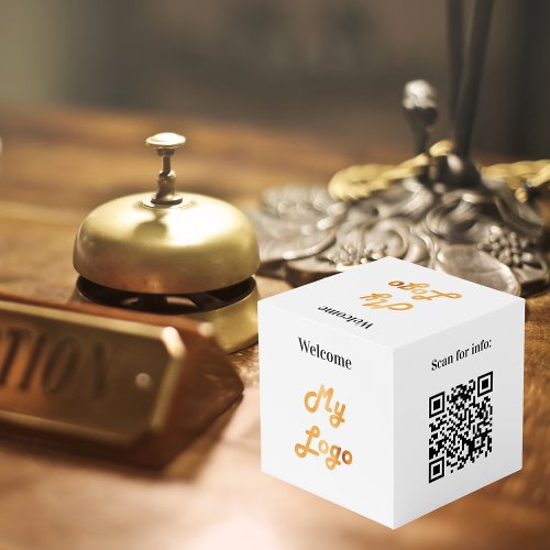 Welcome business logo QR code menu white table Cube
