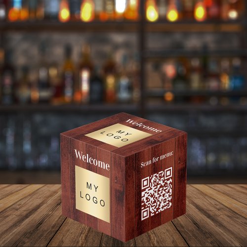 Welcome business logo QR code wood menu table Cube