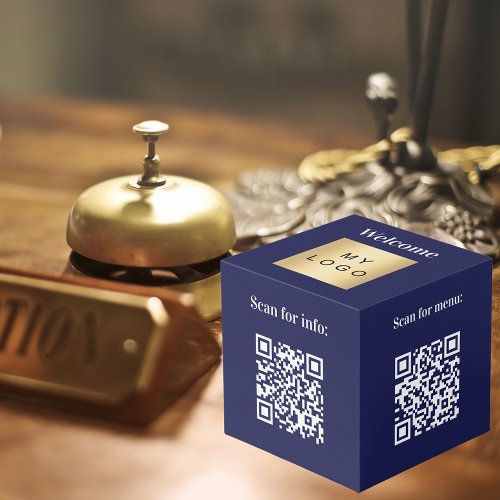 Welcome business logo QR codes blue info table Cube