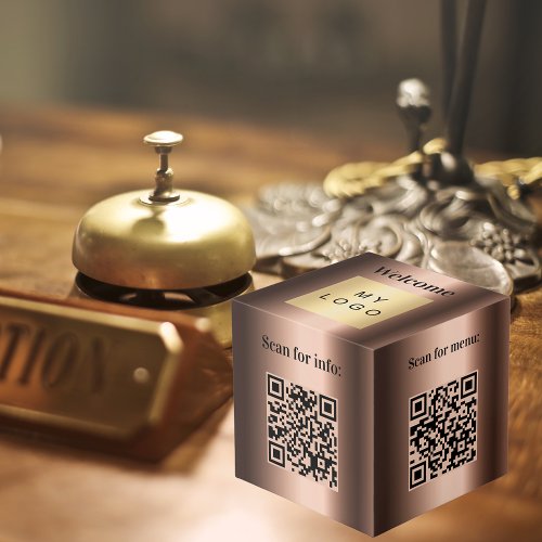 Welcome business logo QR codes bronze info table Cube