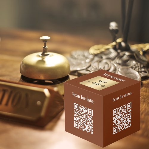 Welcome business logo QR codes brown info table Cube
