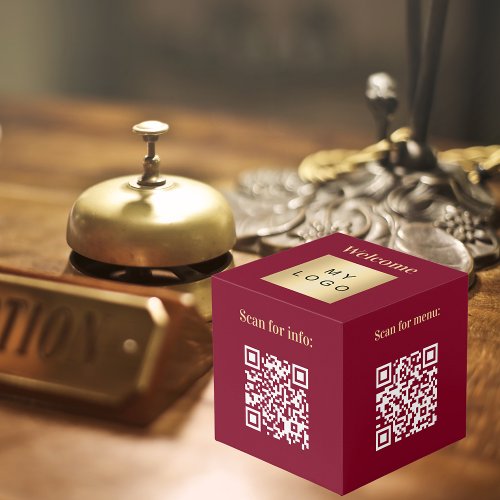 Welcome business logo QR codes burgundy info table Cube