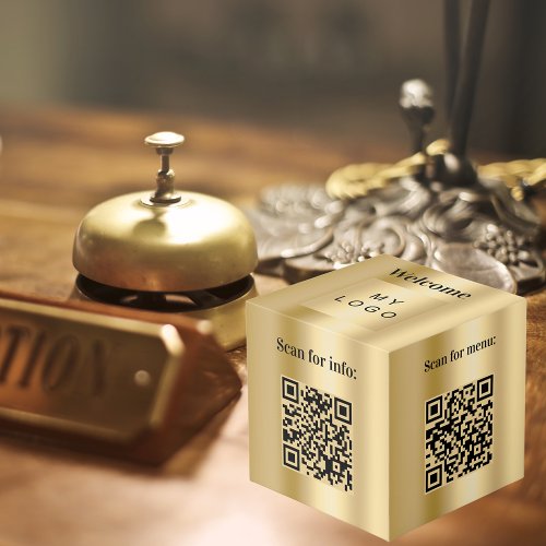 Welcome business logo QR codes gold info table Cube