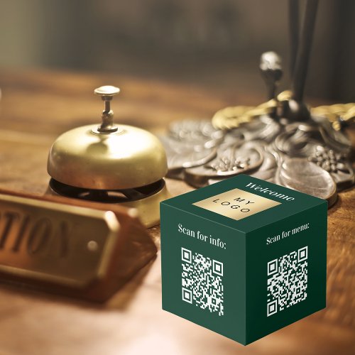 Welcome business logo QR codes green info table Cube