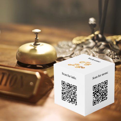 Welcome business logo QR codes info white table Cube