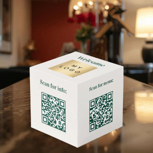 Welcome business logo QR codes ivory info table Cube