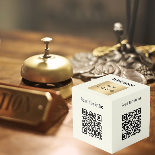 Welcome business logo QR codes ivory info table Cube