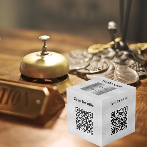 Welcome business logo QR codes silver info table Cube