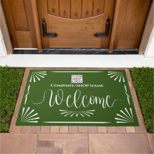 Welcome Business Minimalist Art Deco Logo Green Doormat