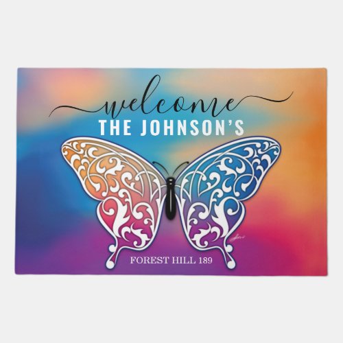 Welcome Butterfly Personalized Family Name Doormat
