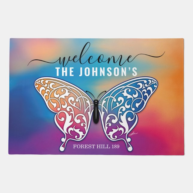 Welcome Butterfly Personalized Family Name Doormat (Front)