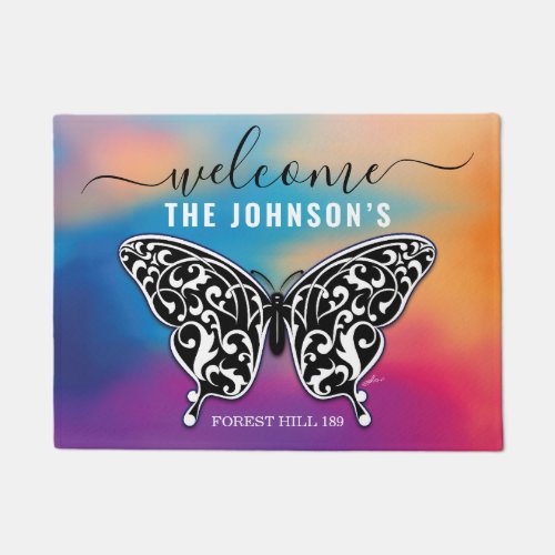 Welcome Butterfly Personalized Family Name Doormat