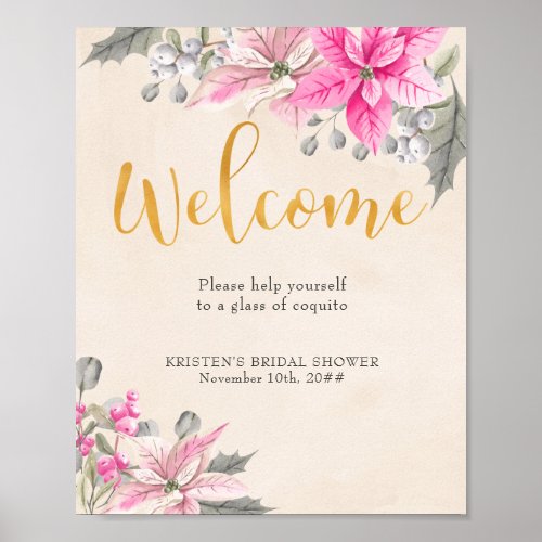 Welcome Calligraphy Pink Poinsettia Beverage Table Poster