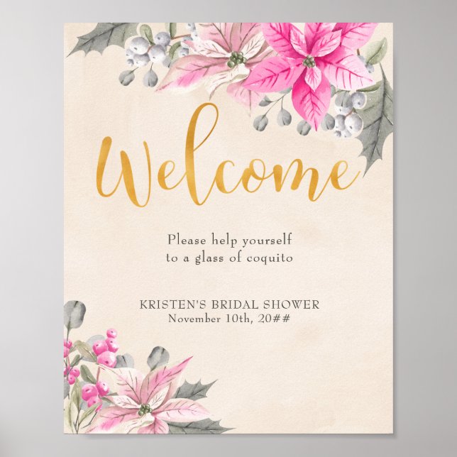 Welcome Calligraphy Pink Poinsettia Beverage Table Poster (Front)