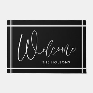 Welcome Calligraphy Script Last Name Black Doormat