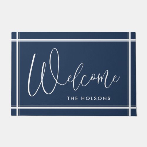 Welcome Calligraphy Script Last Name Navy Doormat