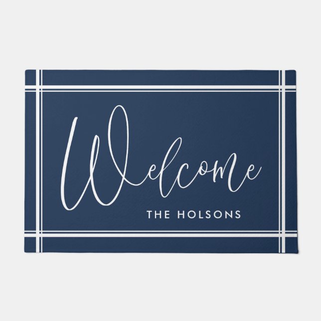 Welcome Calligraphy Script Last Name Navy Doormat (Front)