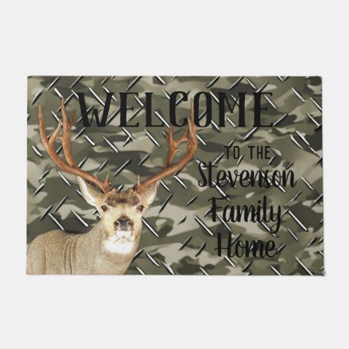 Welcome Camo Deer Hunting Buck Antlers Family Name Doormat
