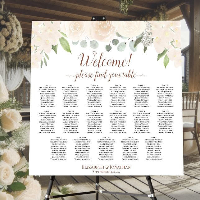 Welcome! Champagne Roses 17 Table Seating Chart Foam Board (On Stand with Flowers)