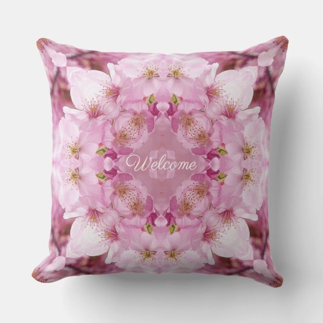Welcome Cherry Blossoms Outdoor Pillow (Front)