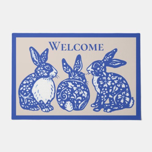 Welcome Chinoiserie Rabbit Blue White Bunny Delft Doormat