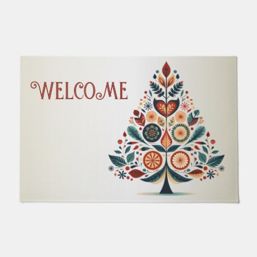 Welcome Christmas Colorful Tree Scandinavia Folk  Doormat