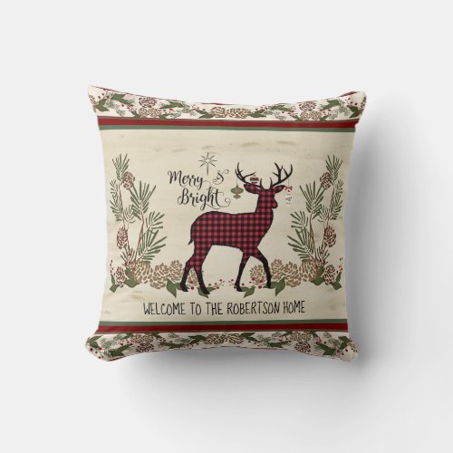 Welcome Christmas Deer Antlers Merry Bright w Name Throw Pillow