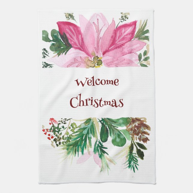 Welcome Christmas Towel, Pink/Green Poinsettia Kitchen Towel (Vertical)