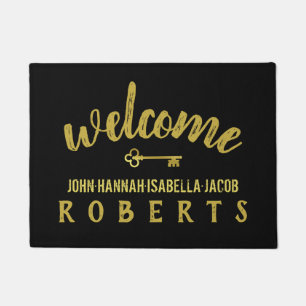 Welcome Classic Black Gold Brushstroke Family Name Doormat