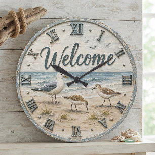 Welcome Coastal Seabirds Rustic Beach House  Large Clock