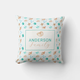 Welcome Coastal Seashells Beach House Family Name Throw Pillow
