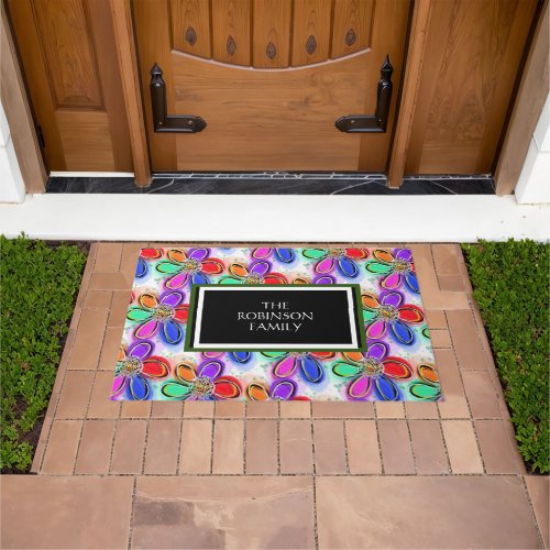 Welcome Colorful Artsy Flowers NAME Doormat