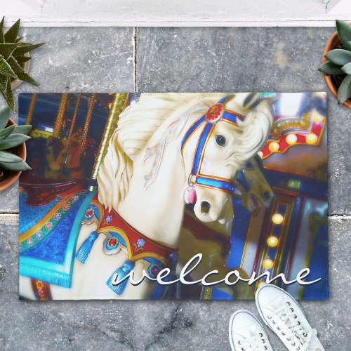 Welcome Colorful Carnival Carousel Horse Photo Doormat