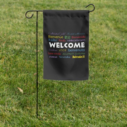 Welcome Colorful Many Languages Black Background Garden Flag