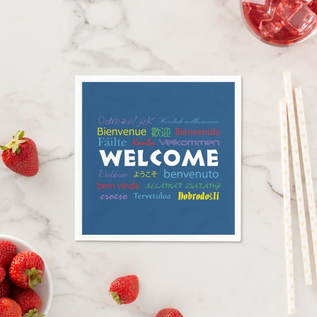 Welcome Colorful Many Languages Blue Background Napkins (Insitu)